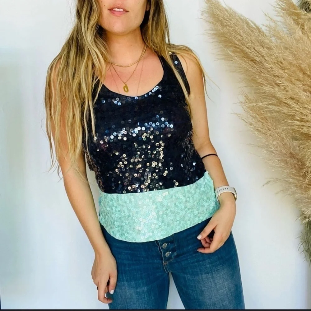 J Crew Navy color blocked sequined tank top Sz M
